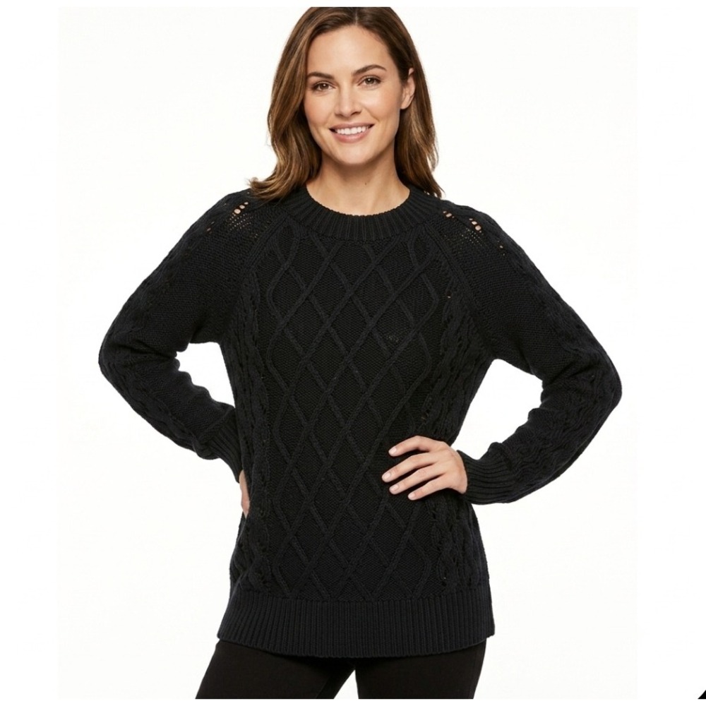 Loft Cable Knit Sweater Womens Medium Black Diamond‎ Pointelle Pullover 765257